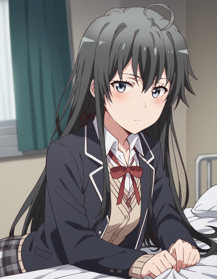 score_9, score_8_up, score_7_up, source_anime,
yukinoyukinoshita, <lora:yukino-yukinoshita-s2s3-ponyxl-lora-nochekaiser:1>,
yukino yukinoshita, black hair, blue eyes, long hair, ahoge,
blazer, cardigan, jacket, plaid, plaid skirt, school uniform, skirt, sobu high school uniform,
indoors, bed, bed room, on side, blush, drunk,
looking at viewer, cowboy shot, dutch angle, solo,