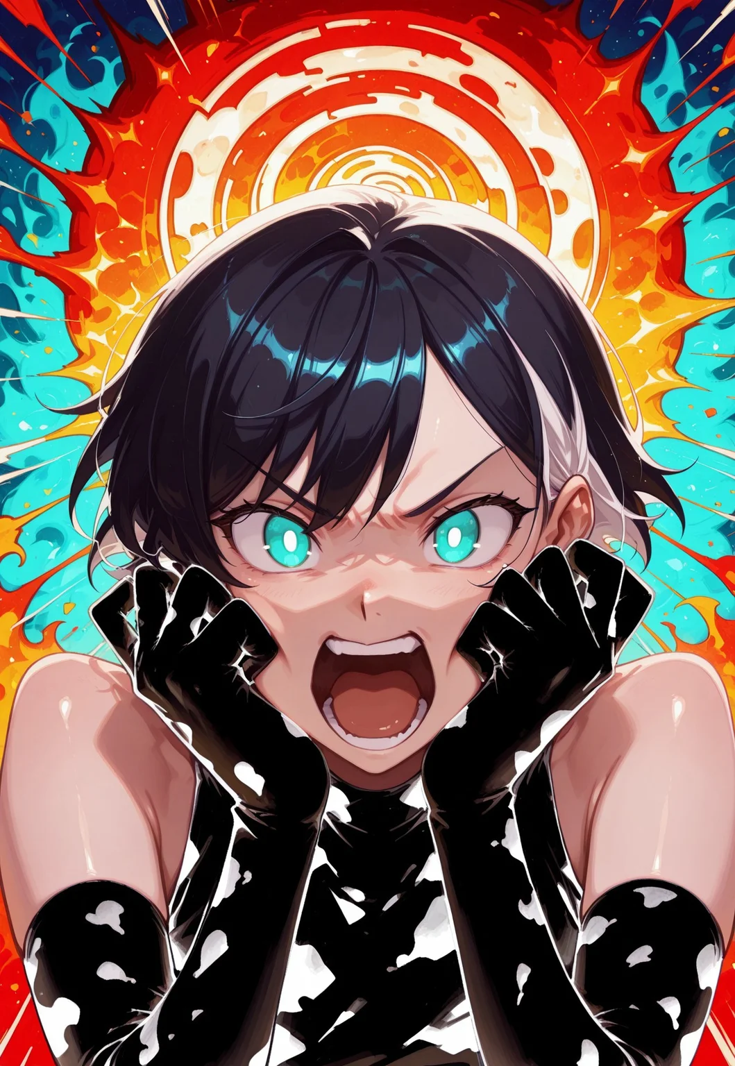 androgynous, safe, clothed, invpa, elbow gloves, upper body, portrait, hands on own cheeks, v-shaped eyebrows, shouting, emphasis,
flame background, colorful background, spiral backround,
masterpiece, absurdres, newest, [dynamic pose]