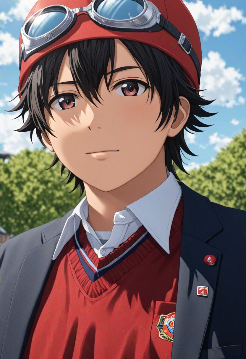 (4k), extremely detailed, hyper detailed, high resolution, professional photography, best quality, candid photo, 1boy, solo, male focus, easynegative, Yuusuke Fujisaki, Red Hat, Black Hair, school uniform, looking at viewer, candid photo, goggles