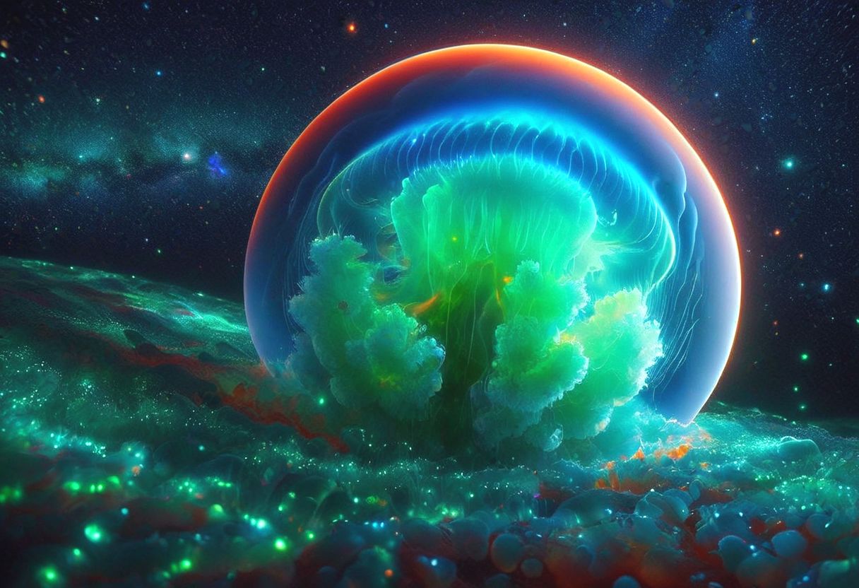 A translucent Sphere with a shrunken Universe forming from a powerful  quantum explosion , (the universe itself a living Jelly  lifeform), Cosmic  Fluorescent Colors  ,Dark Sci-fi ,, Subsurface scattering , Ray Tracing ,Rear Cosmic amibient   light mapping for deep space and Stellar lighting ,electric green , burnt orange , metallic candy apple red,tundra blue  ,8k UHD ,Masterfully rendered in Octane by Sithandwesson ,
