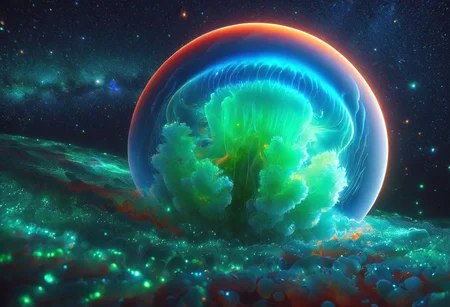 A translucent Sphere with a shrunken Universe forming from a powerful  quantum explosion , (the universe itself a living Jelly  lifeform), Cosmic  Fluorescent Colors  ,Dark Sci-fi ,, Subsurface scattering , Ray Tracing ,Rear Cosmic amibient   light mapping for deep space and Stellar lighting ,electric green , burnt orange , metallic candy apple red,tundra blue  ,8k UHD ,Masterfully rendered in Octane by Sithandwesson ,