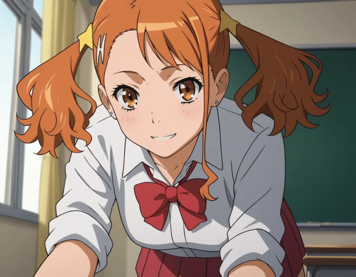 score_9, score_8_up, score_7_up, source_anime,
narukoanjou, <lora:naruko-anjou-s1-ponyxl-lora-nochekaiser:1>,
naruko anjou, orange hair, twintails, brown eyes, hair ornament, star ornament, hair clip,
skirt, bow, school uniform, sleeves rolled up, red bowtie, shirt, white shirt, collared shirt, red skirt,
indoors, classroom, bent over, smile,
looking at viewer, solo, cowboy shot, dutch angle,