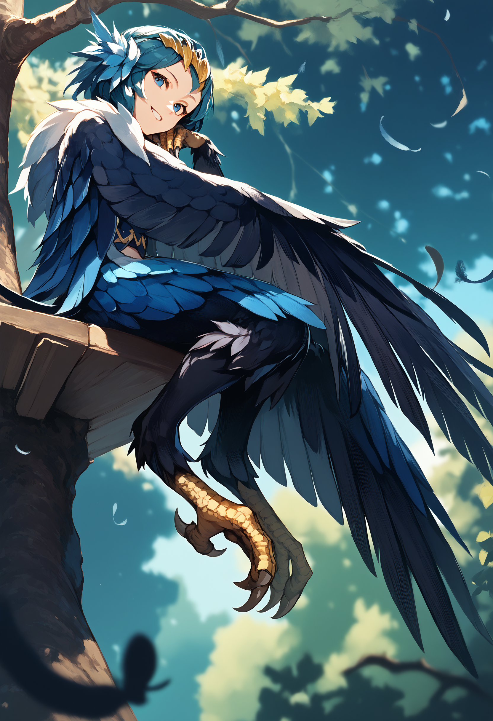 score_9, score_8_up, score_7_up, score_6_up, best quality, masterpiece, source_anime,
harpy, 1girl, smile, looking at viewer, winged arms, blue eyes, grin, parted lips,
black feathers, flight feathers, solo, full body, blurry, from side, talons,
perched, branch, tree, from below,
<lora:avian_mge_concepts_v11:1>