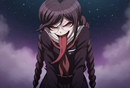 (((solo))), masterpiece, best quality, very aesthetic, modern, modern anime, newest, absurdres, highres, waist shot , amused expression , (((solo))),danganronpa_(series),<lora:Toko_Fukawa_Illustrious:1>, This anime screencap is from Danganronpa the Animation. Genocider Sho is enacting a finger pointing . Genocider Sho's expression is remorseful expression . Genocider Sho is interacting with portrait, ((starry sky, high-quality, vivid, 1600x400 pixel, breathtaking, twinkle like diamonds, dark night sky, enchanting, dreamy atmosphere, no people, dim lighting, above angle):1.2), (masterpiece), best quality, perfect detailed, clear background, (depth of field:0.7), (one person:1.3), looking at viewer, facing viewer The weather is fog Genocider Sho wearing her uniform from Danganronpa 1. Her uniform is purple with a lengthy skirt that extends past her knees. Her long dark purple hair is styled in two braids that extend past her waist. She has large round glasses over her red eyes. Her abnormally large tongue hangs out of her mouth. She is wearing white socks and brown loafers.