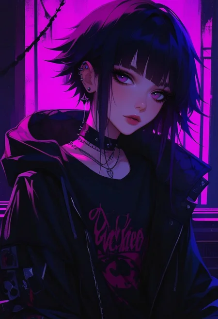 score_9, score_8_up, score_7_up, score_6_up,score_5_up, score_4_up, aesthetic, newest, (dramatic lighting), masterpiece, best quality, aesthetic, 1girl, solo, emo style, cute face, beautiful girl, kawaii, bangs, black hair, long eyelashes, petite body, emo clothes style, punk style, semi-realism,