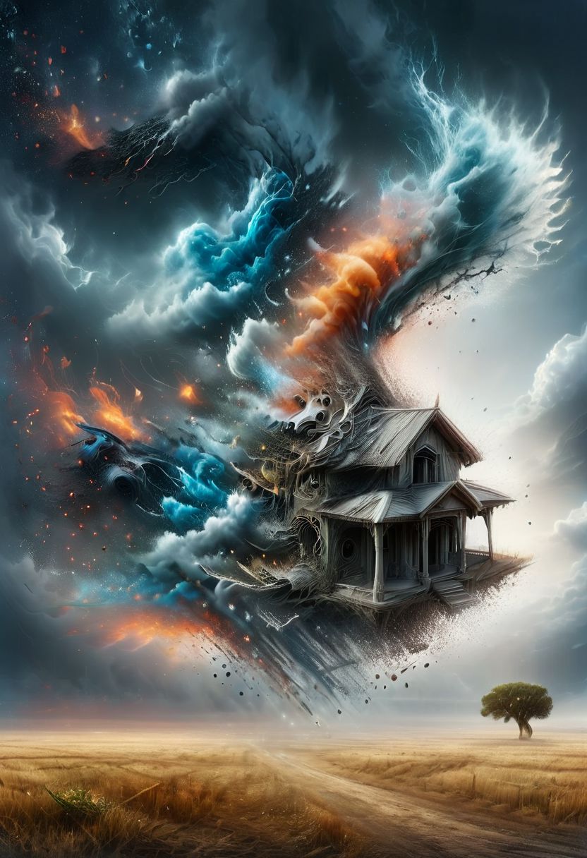 ASCII(best quality, 8K, high resolution, masterpiece), ultra detailed, ((a house is flying)) caught in a huge tornado, the house is dissolving, many objects are floating around in the tornado, in the ground there are the foundations of the house,
overcast, cloudy, very dark atmosphere, winning photo,