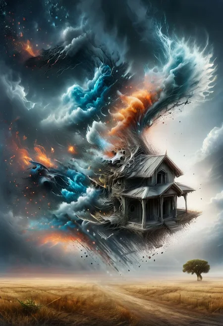 ASCII(best quality, 8K, high resolution, masterpiece), ultra detailed, ((a house is flying)) caught in a huge tornado, the house is dissolving, many objects are floating around in the tornado, in the ground there are the foundations of the house,
overcast, cloudy, very dark atmosphere, winning photo,