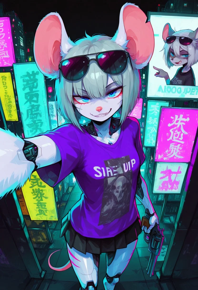 score_9, score_8_up, score_7_up, masterpiece, best quality, high quality, sharp lines, solo, luminescent background, 1girl, furry, fur, fur covered,
BREAK, anthro, skinny, petite body, small breasts, mouse, furry female, blue eyes, white fur, short haircut, gray hair, sunglasses on head, purple oversized t-shirt, black miniskirt, full cyborg, cybernetic arms, cybernetic legs, looking at viewer, smug, teeth, determined, dynamic pose, selfie, revolver pistol in hand, pointing with revolver on viewer, night, billboards, urban, cyberpunk, lights, detailed background, colorful, black background, pov from above