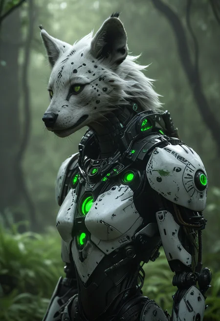 reality-shot, realism, realistic photography of a very detailed anthro hyena woman made of black and white mech with glowing green accents, awesome appearance, magical landscape with enchanted elements, fantasy art style, rust brown theme, intricate details, ultra sharp, exquisite detail, flawless composition, vivid colors, masterpiece, exciting background  <lora:NecronWorldMorphXL:0.85> NecronMorph