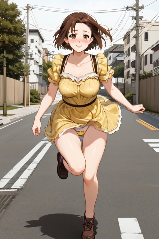 1 girl, Yumi Ohmura, brown hair, alone, smiling, brown eyes, detailed pupils, blushing, short hair, medium breasts, yellow dress, view from below, panties visible, running towards viewer, urban background, street, asphalt, sidewalks, park in background