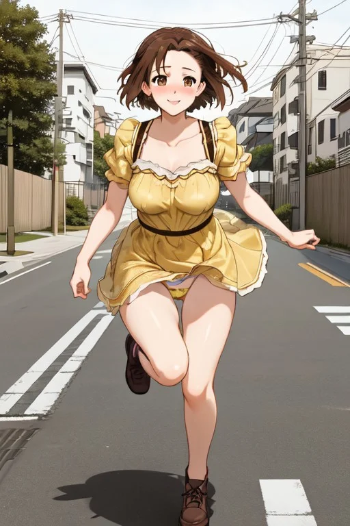 1 girl, Yumi Ohmura, brown hair, alone, smiling, brown eyes, detailed pupils, blushing, short hair, medium breasts, yellow dress, view from below, panties visible, running towards viewer, urban background, street, asphalt, sidewalks, park in background