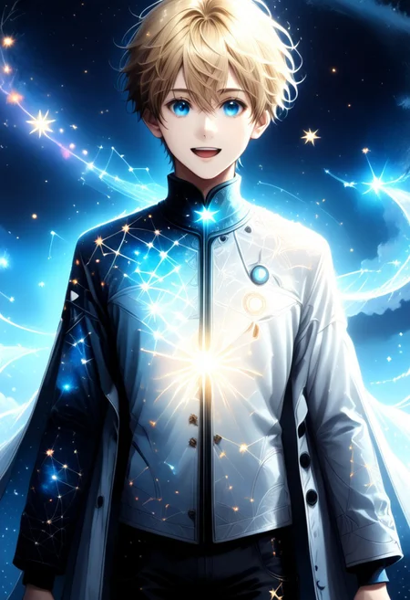 , score_9, score_8_up, score_7_up, 1boy, highly detailed, aesthetically stunning, anime-style, blonde-haired, blue-eyed, young man, short hair, bangs, smiling, open mouth, white coat, long sleeves, white baggy shorts, glowing scarf, floating, space setting, starry sky, star symbols, intricate, luminous, amazing aesthetic, intricate details