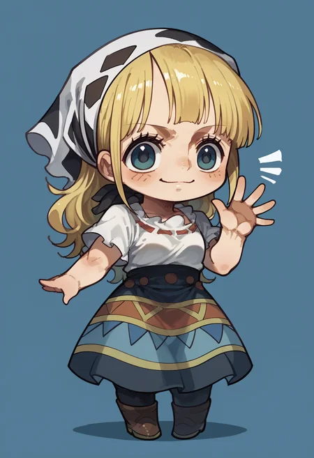 score_9, score_8_up, score_7_up, source_anime, RythModaOPPony, full body, waving, bandana, skirt, dress, standing, blue background, looking at viewer, chibi, <lora:ModaOPPony-101:1>,