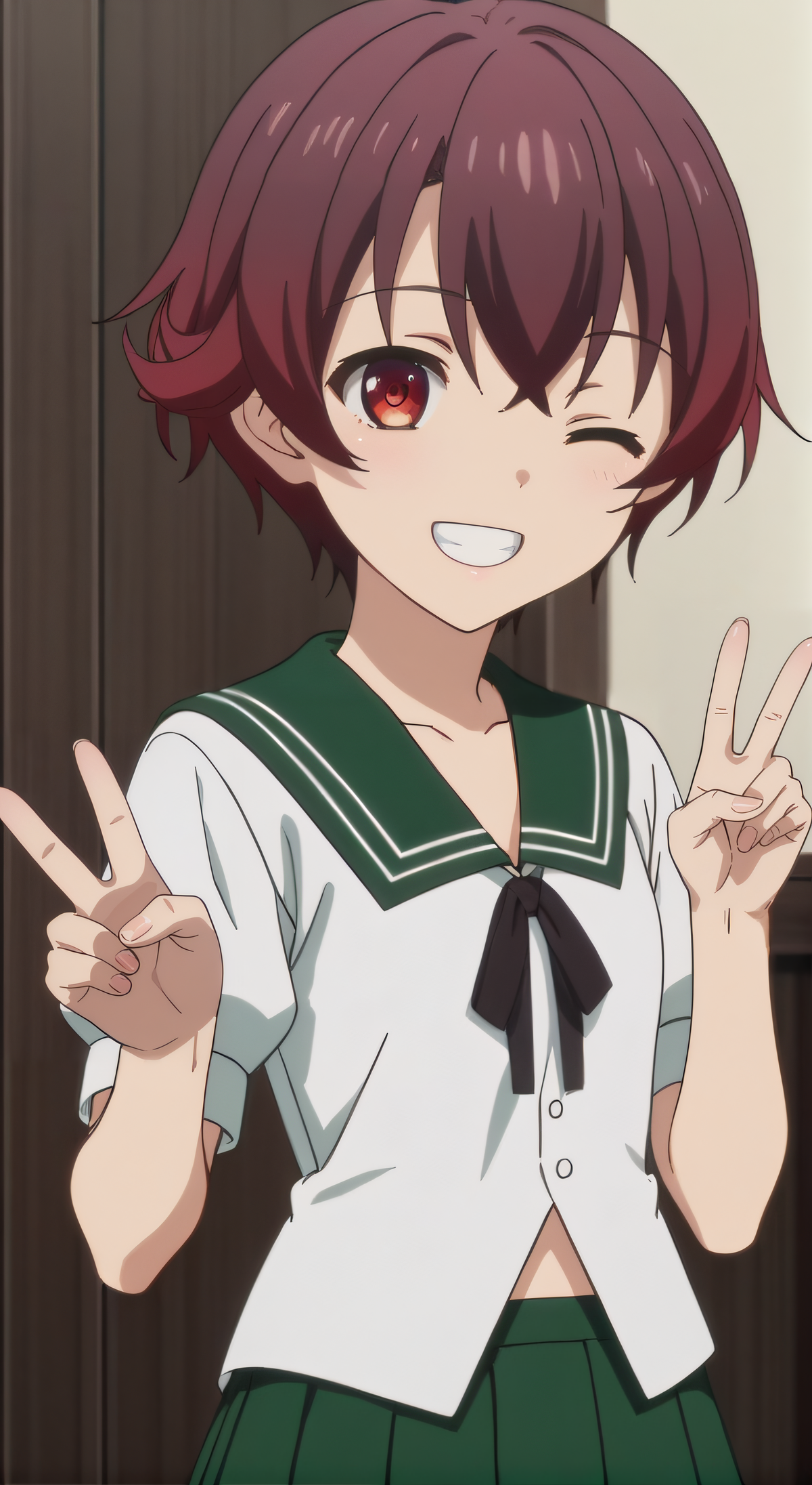 score_9, score_8_up, score_7_up, source_anime, rating_safe, intricate details, anime screencap, official style, anime coloring, 1girl, solo, <lora:Mutsuki:1>, mutsuki, short hair, red eyes, serafuku, green sailor collar, short sleeves, green skirt, pleated skirt, black pantyhose, smile, indoor, peace sign, hands up, five fingers, grin, teeth, upper body, one eye closed