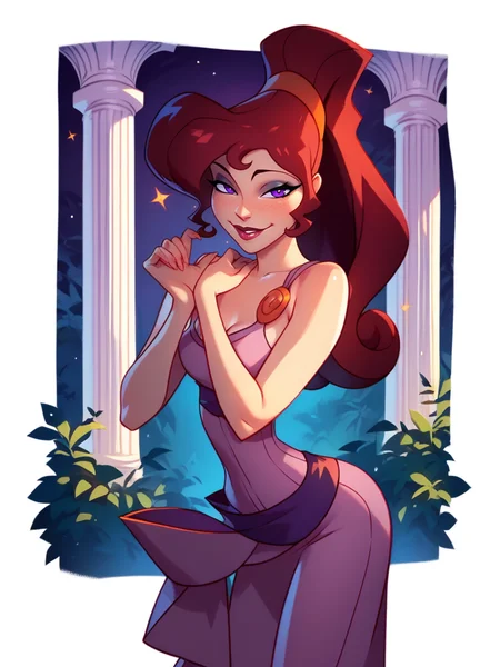 score_9, score_8_up, score_7_up, 1girl, naughty face, leaning forward, sexy pose, leaning forward, very happy, looking at viewer, vegetation, white pillar, dynamic pose, cowboy shot, night, moon, hands up,
<lora:AMeghanXLP_character:1>, MegXLP, purple eyes, red hair, high ponytail, makeup, purple dress, cartoon, <lora:KajinmanLycoXL:0.7>,