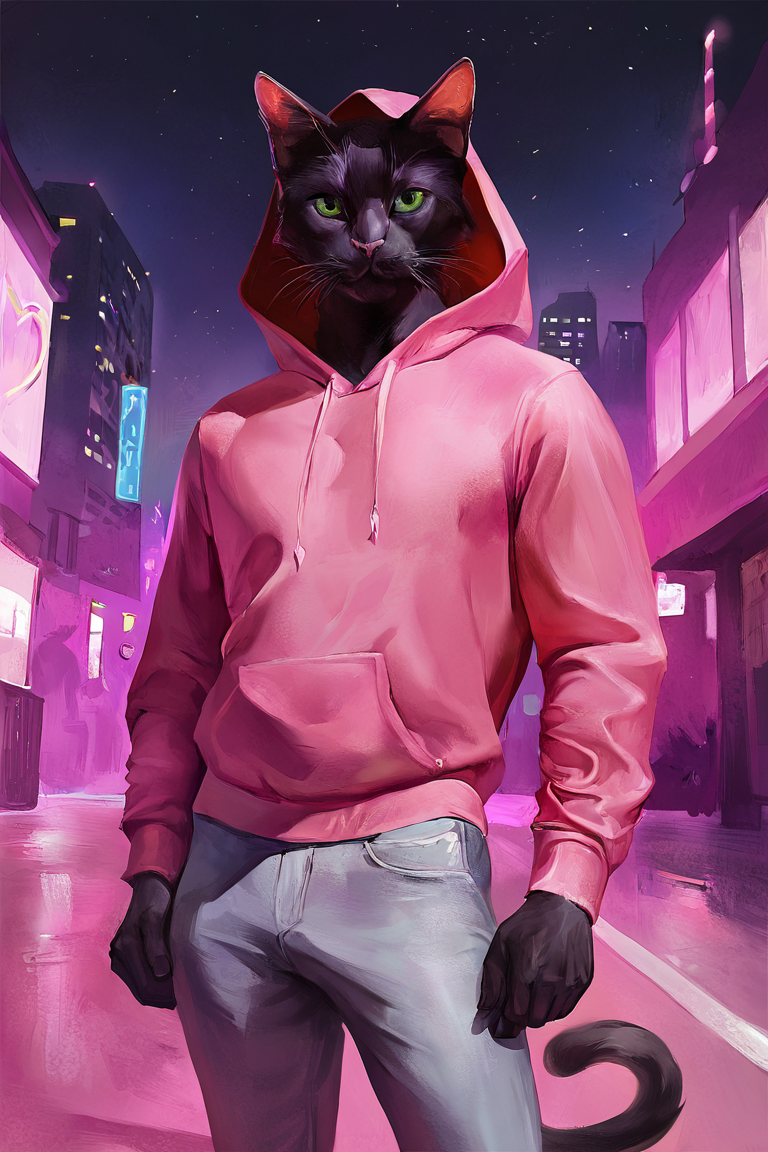 masterpiece, best quality, highres, newest, concept art, digital art, realistic, pink theme, anthro, furry, black cat, cat, black fur, green eyes, pink hoodie, grey pants, muscular, 1boy, solo, male focus, mature male, looking at viewer, cowboy shot, standing, outdoors, city, building, night, night sky, dark background <lora:Pink Dreams [LoRA] - NoobAI-XL EPS 1.0:0.8>