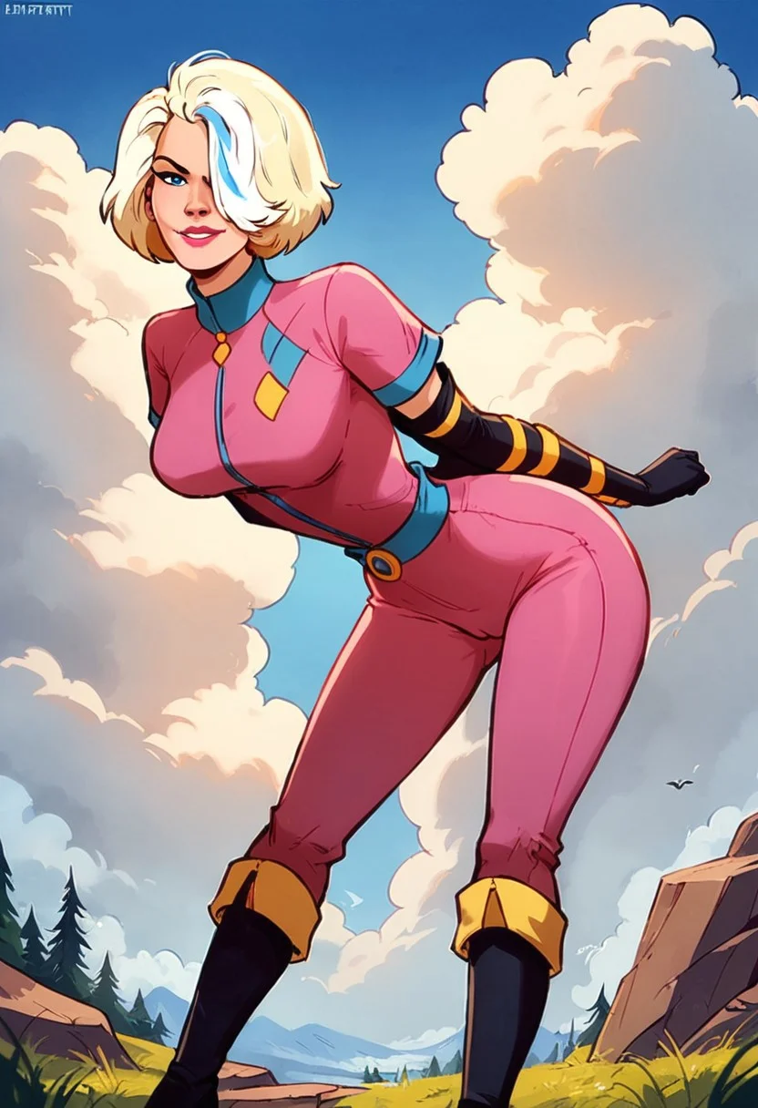 score_9, score_8_up, score_7_up, pink bodysuit, short sleeves, elbow gloves, knee boots, outdoors, cloud, day, 1girl, solo, looking at viewer, seductive smile,, standing, hands behind lower back, <lora:cpatp-doctorblight:1> xblightx, multicolored hair, white hair, blonde hair, short hair, hair over one eye, blue eyes, lipstick perfect face, thin waist, big natural breasts, cameltoe, fully clothed, contrapposto pose, source_cartoon, leaning forward, jiggling breasts
