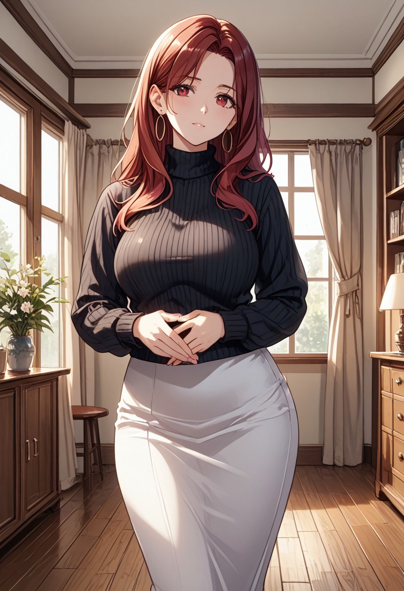 score_9, score_8_up, score_7_up, (masterpiece, detailed:1.2), (best quality:1.2), (High Resolution), (More Details), (8K), (High Resolution), female focus, sharp focus, newest, ultra-detailed, 1girl, solo, mature woman, milf, long hair, red hair, red eyes, large breasts, jewelry, earrings, sweater, turtleneck, hoop earrings, black sweater, white skirt, full body, various expressions, various poses, front view, dinning room, house