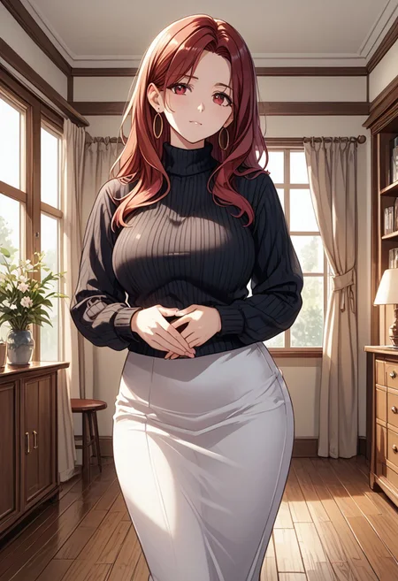 score_9, score_8_up, score_7_up, (masterpiece, detailed:1.2), (best quality:1.2), (High Resolution), (More Details), (8K), (High Resolution), female focus, sharp focus, newest, ultra-detailed, 1girl, solo, mature woman, milf, long hair, red hair, red eyes, large breasts, jewelry, earrings, sweater, turtleneck, hoop earrings, black sweater, white skirt, full body, various expressions, various poses, front view, dinning room, house