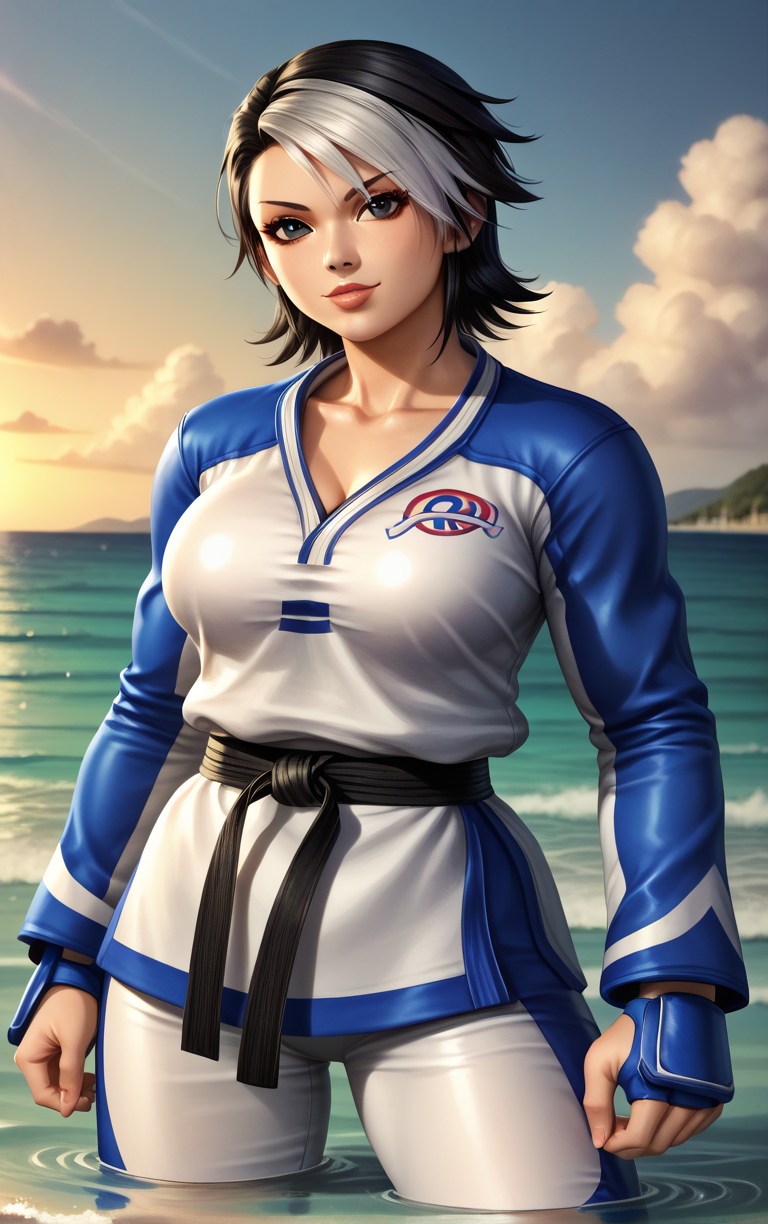 score_9, score_8_up, score_7_up, BREAK 
BlueDougi_ChaeLim_ownwaifu, 
1girl, black eyes, black hair, breasts, medium breasts, two-tone hair, white hair, short hair, lips, large breasts, dyed bangs, collarbone, 
black belt, blue dress, dougi, martial arts belt, multicolored clothes, multicolored hair, belt, long sleeves, jacket, fingerless gloves, raglan sleeves, sportswear, track jacket, cleavage,
(wading, beach), head tilt, sidelighting, ocean, sky, water, caustics, cowboy shot, <lora:PONYXL_GAME_KOF_ChaeLim_ownwaifu:0.8> , depth of field, solo,