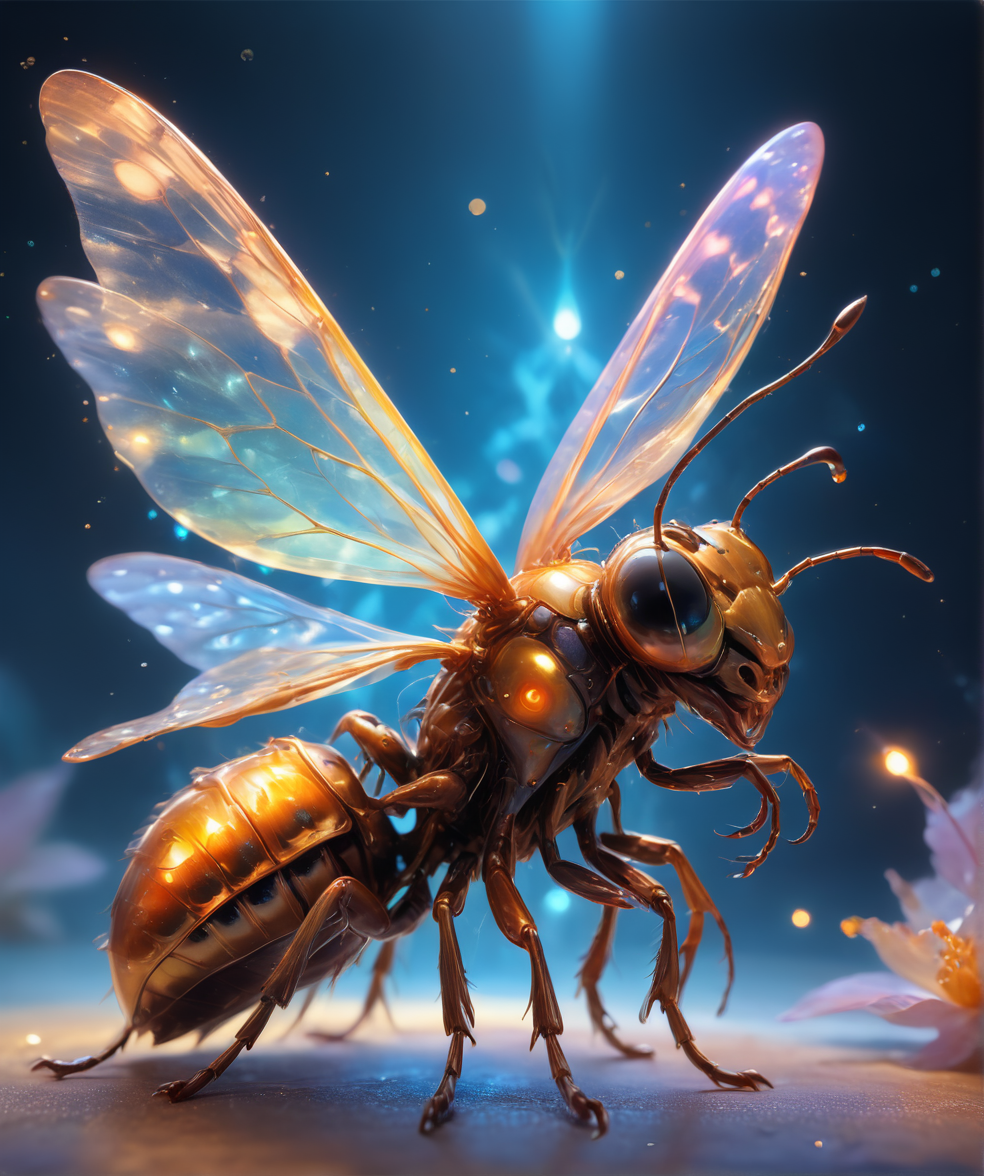 <lora:RossTranXL-000007:0.75>,Insect,masterpiece,rostran style,(frank frazetta,ross tran),ethereal,magnificinet,radiance,luminous,magical,glowing,eyes glow,particle glow, 8k uhd,absurd res,ultra detailed,masterpiece,awardwinning,sharp focus,intricate detail,50mm lens,light art,dreamlike art