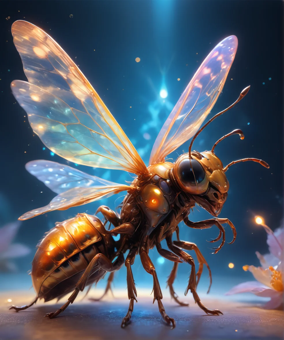 <lora:RossTranXL-000007:0.75>,Insect,masterpiece,rostran style,(frank frazetta,ross tran),ethereal,magnificinet,radiance,luminous,magical,glowing,eyes glow,particle glow, 8k uhd,absurd res,ultra detailed,masterpiece,awardwinning,sharp focus,intricate detail,50mm lens,light art,dreamlike art