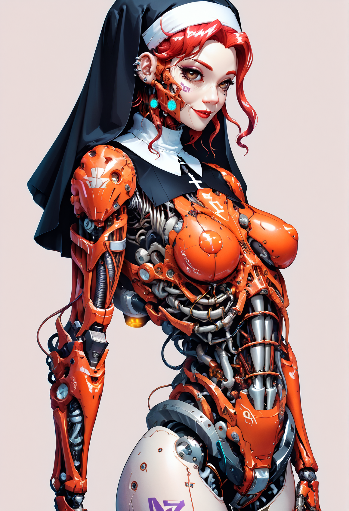 score_9,score_8_up,score_7_up,score_6_up,score_5_up,score_4_up,1 girl,solo,female focus,looking at the spectator,(5'2" 100 lbs, 32A, petite build, medium breasts, drop-shaped breasts, symmetrical breasts, toned legs, flat stomach, multiple tattoos, bright smile, piercing brown eyes, Shell Neon hair color, porcelain skin:1.3),(Ultra-thin nanotech body armor like a second skin in the form of a sensual nunâs outfit, hugging nipples, elegant exoskeleton exuding sexuality, skeletal parts in carbon-titanium and gold, nanotech robo arms, legs transitioning to high heels and platforms, premium robotic exoskeleton, main color red with black accents, ornate velvet details, shimmering ruby inserts.:1.3),(plain contrasting background:1.3),(full-length:1.5),hands,Perfect hand,Perfect feet,Perfect eyes,cyb0rg,science fiction,cable,mechanical parts,<lora:feet v3:1>,<lora:hand 4:1>,<lora:PerfectEyesXL:1>,zPDXL2,zPDXLpg,<lora:cyb0rgXLP:0.8>,<lora:add-detail-xl:1>,<lora:DP-Pony:1>,p33rs,<lora:incase_style_v3-1_ponyxl_ilff:0.2>,
