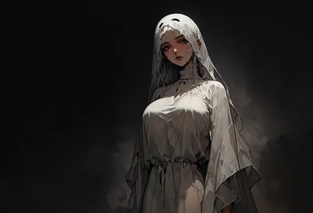 A ghostly silhouette of a woman, with soft and ethereal feminine features. Her translucent form floats in the air, wearing a long, flowing dress that seems made of mist. The figure is surrounded by a soft and mysterious light, and her face has a serene and distant expression, evoking a sense of calm and mystery in the dark surroundings, big breasts(2:1), tan lines, runny makeup