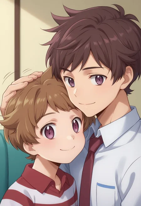 score_9, score_8_up, source_anime, highly detailed, 2boys,
haruka, 1boy, striped shirt, shirt, brown hair, striped, smile, purple eyes,
kazuki, 1boy, brown hair, necktie, shirt, brown eyes, white shirt, collared shirt, closed mouth, red necktie, short hair, bangs,
indoor, hand on another's head, petting, motion lines, brothers,