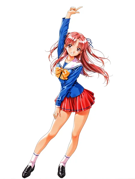 masterpiece,best quality,newest,
1girl,solo,
retro artstyle,<lora:sawatari_honoka_ilxlv1.5:1>,s_honoka,pink hair,hair ribbon,two side up,long hair,brown eyes,
h_clothes,long sleeves,white sailor,blue clothes,yellow bowtie,red pleated skirt,white socks,black footwear,<lora:Fixhands_anime_bdsqlsz_V1:1>,white_background,simple_background,
standing,looking_at_viewer,grin,open_stance,portrait,front view,(aura effect:1.2),smirk,pointing_up,arm up,full body,