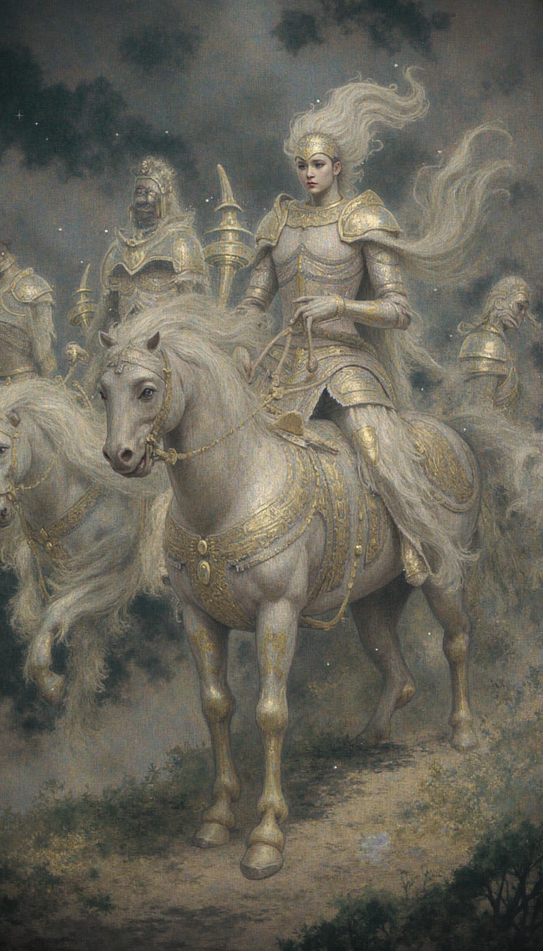 GLOW,intricate tetradic colors in every details,FLUORESCENT,asian woman, An argent-clad valkyrie, her alabaster hair billowing in the zephyr, rides astride a majestic destrier. Her countenance, resolute and fair, exudes an ethereal grace. Two more steeds, caparisoned in matching splendor, flank her steed, their hooves thundering across the firmament. The palette, rendered in diaphanous hues of ivory and platinum, evokes a sense of otherworldly luminescence. The composition, a low-angle shot emphasizing the celestial grandeur of the scene, captures the valkyrie in a medium shot, her form silhouetted against the incandescent sky. The background, a tempestuous expanse of clouds suffused with numinous light, adds to the scene's ethereal beauty. Enhance the image with intricate details on the armor and horses, adding a sense of depth and texture. Incorporate subtle celestial elements in the background, such as distant, ethereal structures or shimmering constellations, to further accentuate the scene's otherworldly nature.