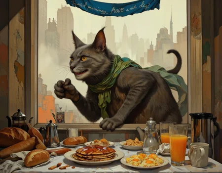 <lora:bear:1>, This image is a digital painting depicting a whimsical, surreal breakfast scene. The central figure is a large, anthropomorphic gray cat with a playful, mischievous expression, standing menacingly on the windowsill. The cat has a green scarf around its neck and is holding a coffee mug in its left paw. Its right paw is extended towards the table, as if reaching for something.,
The table, positioned in front of the window, is cluttered with breakfast items. On the left side, there are two loaves of bread, a coffee pot, and a teapot. In the middle, a stack of pancakes with syrup and a plate of scrambled eggs are arranged neatly. On the right side, there are two orange juices, one in a glass and the other in a mug. A white cloth is draped over the table, and a blue banner with the text "Good Morning, Have a Nice Day" hangs above the window.,
The background reveals a foggy, misty morning scene with a city skyline visible through the window. The colors are warm and inviting, with a mix of browns, greens, and oranges dominating the scene. The style of the painting is vibrant and expressive, with a touch of fantasy and whimsy.