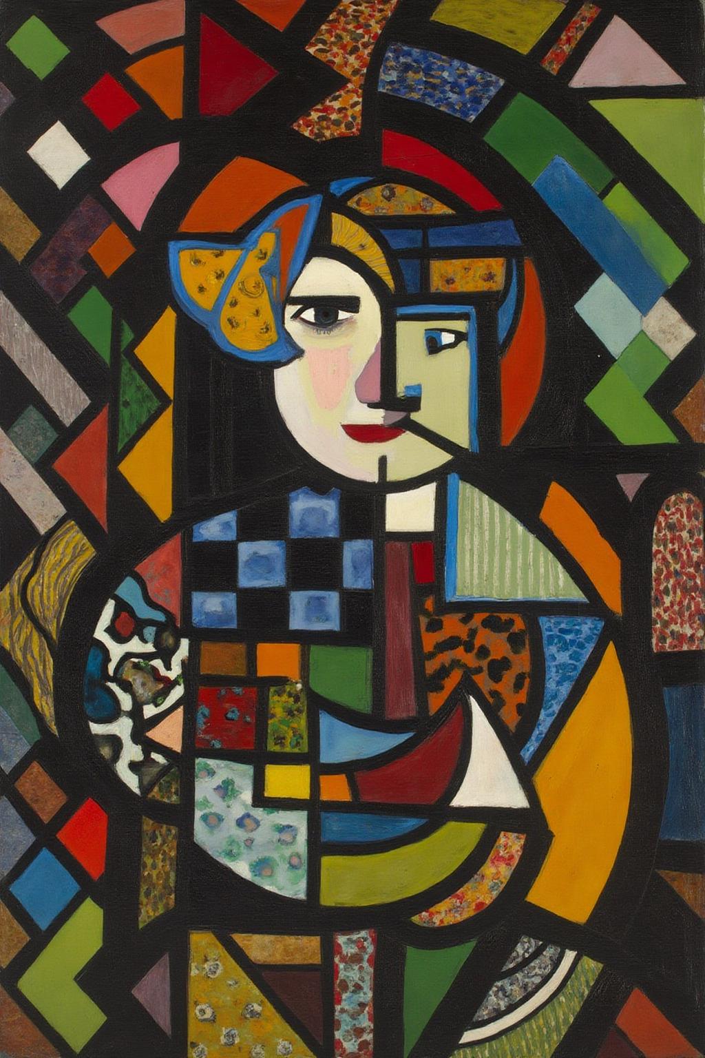 henrylymansayen1 painting.
An abstract human figure composed of geometric shapes including triangles, squares, and curved lines. The face has minimalistic features and wears a checkered garment. The background contains geometric shapes in green, blue, red, and yellow. <lora:henrylymansayen1_cap_d6a3:1.0><lora:861459646869705758:0>