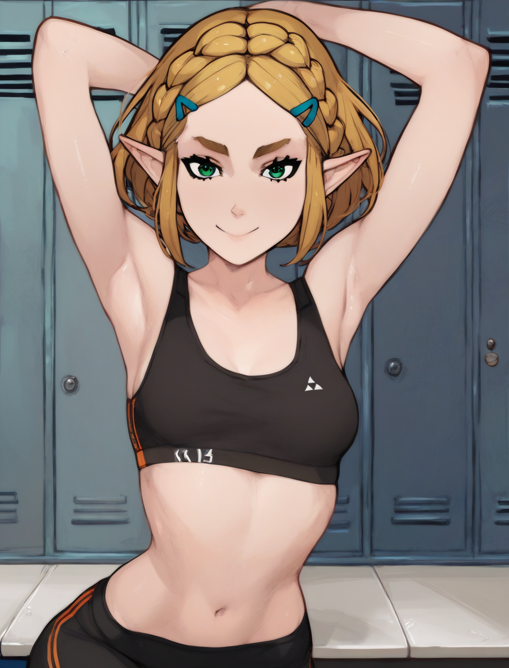 score_9, score_8_up, score_7_up, score_6_up, wabaki_style, BREAK
1girl, princess zelda, green eyes, gradient eyes, solo, looking at viewer, light smile, short hair, navel, small breasts, midriff, arm behind head, black sports bra, black pants, locker room
<lora:wabaki_xl4:1>