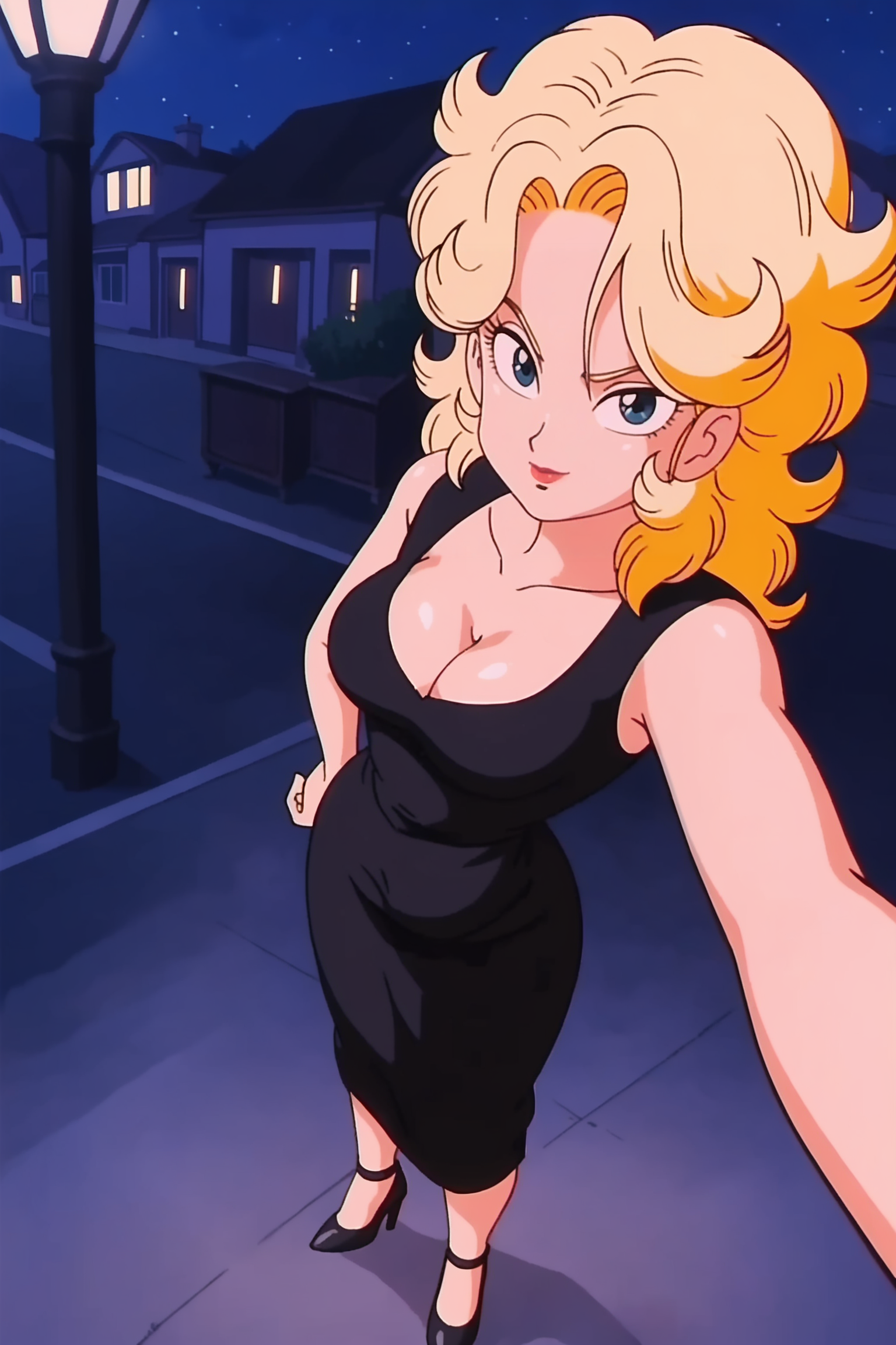 source_anime, score_9, score_8_up, score_7_up, anime screencap, absurdres,  
hasky, blonde hair,  curly hair, blue eyes,
night, street, sleeveless dress, shiny skin, sparkle, black dress, high heels,  from above, selfie, moonlight, cleavage, 
 <lora:Girls_Of_DB_Pack_1:0.8>