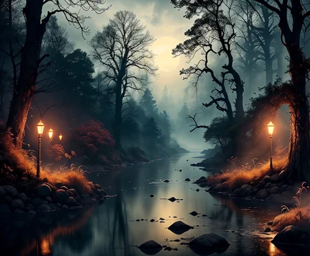RAW photo, (masterpiece:1.3), subsurface scattering, heavy shadow, (high quality:1.4), (intricate, high detail:1.2), professional photography, HDR, High Dynamic Range, realistic, ultra realistic, photorealistic, high resolution, film photography, ambient lighting, atmospheric effects, <lora:detail_slider_v4:2>, OverallDetail, DarkFantasy, a river through a sinister and dark forest, heavy fog over the water, eerie lights, <lora:FantasyRiver:0.7>, fantri, epiCPhoto