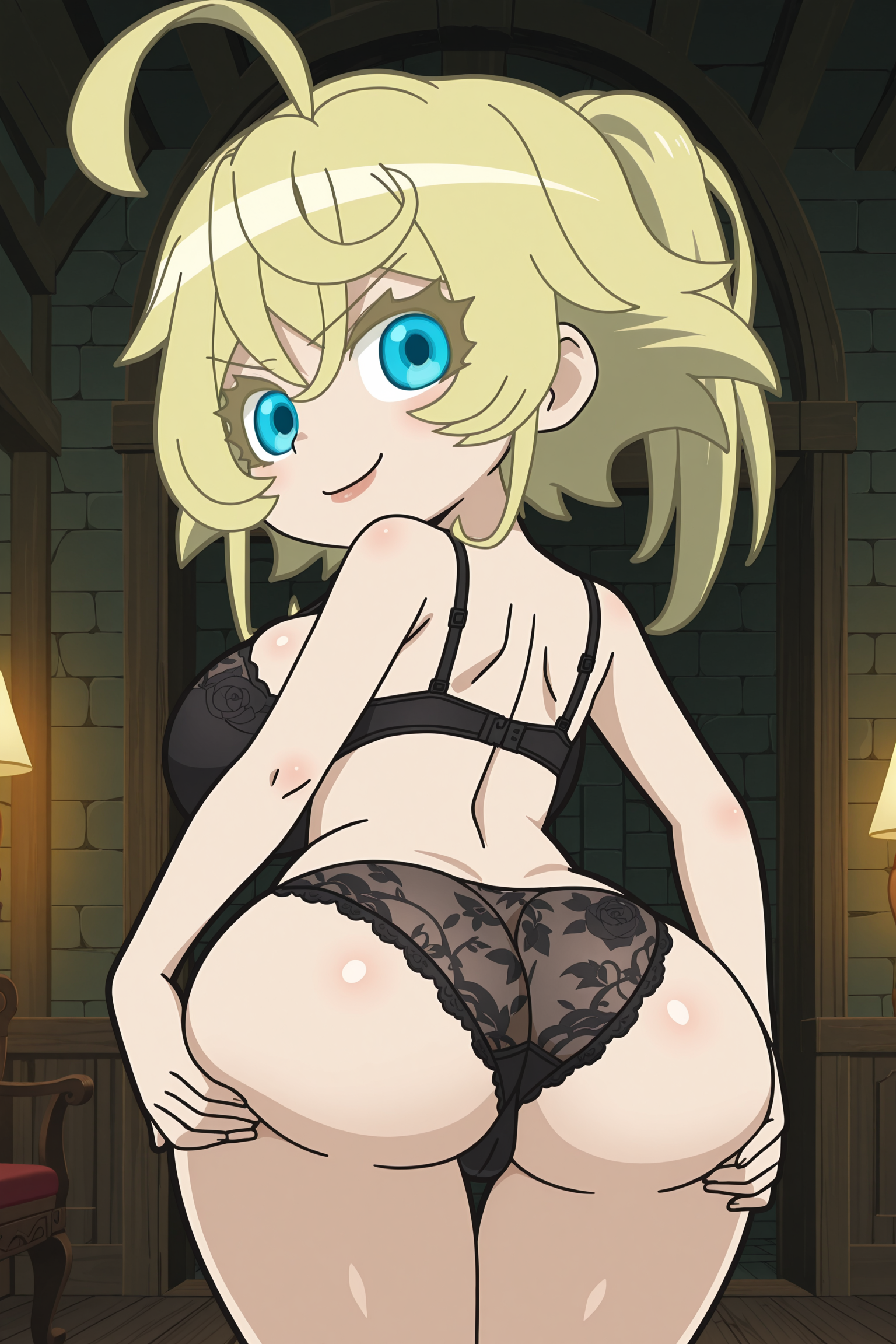 anime screencap, anime coloring, detailed face, masterpiece, best quality, very aesthetic, absurdres, volumetric lighting, official style, amazing quality, ultra detailed, highres, amazing quality, scenery, beautiful detailed hair, beautiful detailed eyes,
<lora:StS-Illustrious-Detail-Slider-v1.0:4>
nsfw,
mature girl, girl is 25 years old,in a bedroom,
<lora:Tanya_Degurechaff_Isekai_Quartet:1>
Tanya Degurechaff (character), Isekai Quartet (art style), 1girl, blonde hair, tanya degurechaff, blue eyes, solo, ahoge, chibi, parody, meme, naughty face, naughty smile, cowboy shot, black lace panties and bra, black garterbelt, sexy pose, hand on ass, from behind, comedically huge ass, comedically huge breasts, looking back at the viewer