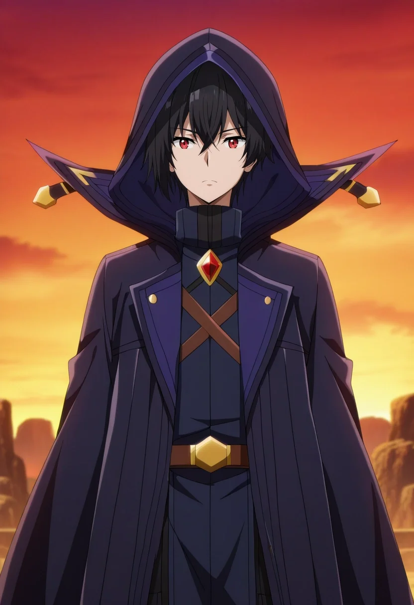 masterpiece, best quality, anime screencap, official style, anime coloring, cowboy shot, 1boy, solo, male focus, <lora:cid_kagenou_ilxl:0.9>, cid_kagenou, black hair, short hair, hair between eyes, bangs, red eyes, cloak, hood, hood up,