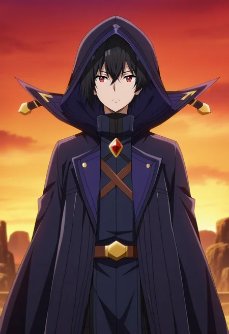 masterpiece, best quality, anime screencap, official style, anime coloring, cowboy shot, 1boy, solo, male focus, <lora:cid_kagenou_ilxl:0.9>, cid_kagenou, black hair, short hair, hair between eyes, bangs, red eyes, cloak, hood, hood up,
