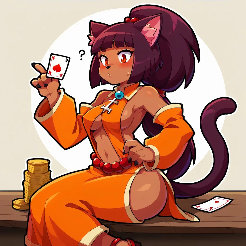 score_9, score_8_up, WakfuMMOArt, half body, medium shot, cartoony, 2d, highres, 1girl, solo, animal ears, tail, dark skin, dark-skinned female, breasts, detached sleeves, long hair, ponytail, cat ears, sandals, blush, hand on hip, medium breasts, Ecaflip, revealing clothes, holding cards, furry, furry female, orange clothes, bobcut fringe, playing cards, confused, cross legged, sitting,