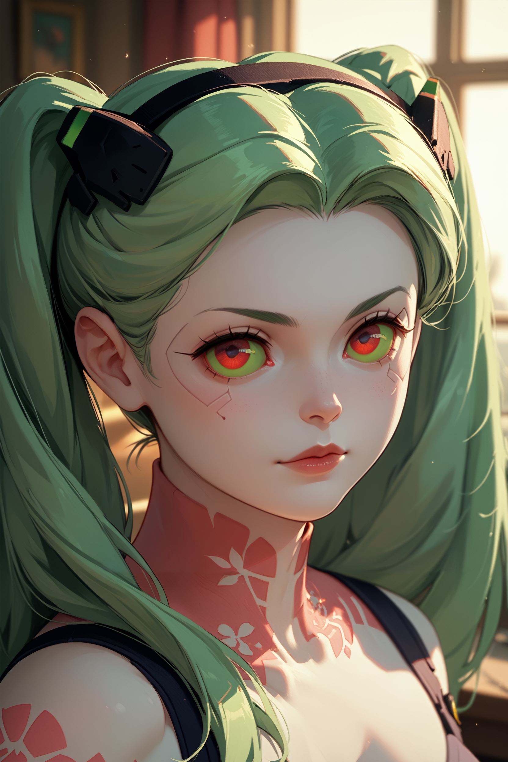 score_9, score_8_up, score_7_up, score_6_up
<lora:ERRebecca:0.8>
ERRebecca, 1girl, green hair, twin tails, red pupils, colored sclera, white skin, red tattoo, looking at viewer, portrait