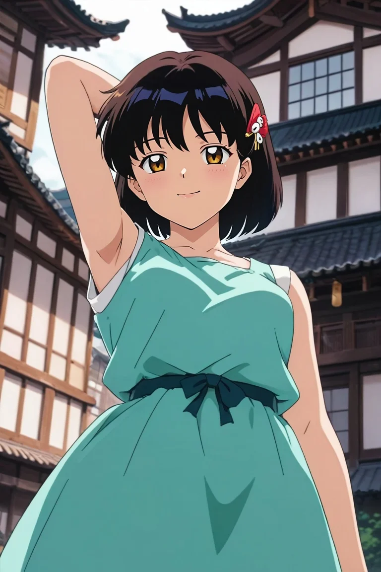 score_9, score_8_up, score_7_up, source_anime, rating_safe, , looking at viewer, depth of field, 1girl, gold eyes, medium brown hair, bob cut, hairpin,, solo, from below, town, japanese architecture, dawn, arm up, half-closed eyes, smile, <lora:inuyasha_style_pony:0.78>, inuyasha_style, , <lora:sdxl_lightning_8step_lora:1>