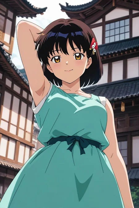 score_9, score_8_up, score_7_up, source_anime, rating_safe, , looking at viewer, depth of field, 1girl, gold eyes, medium brown hair, bob cut, hairpin,, solo, from below, town, japanese architecture, dawn, arm up, half-closed eyes, smile, <lora:inuyasha_style_pony:0.78>, inuyasha_style, , <lora:sdxl_lightning_8step_lora:1>