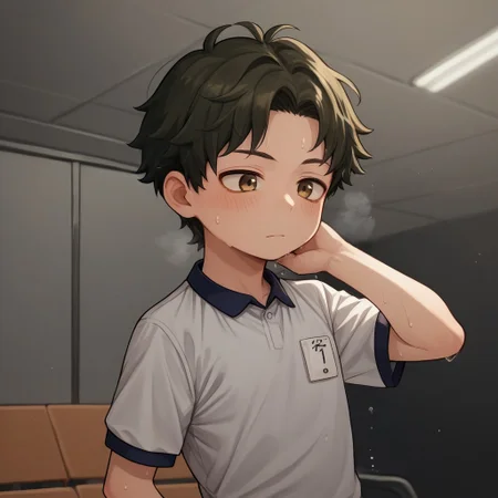 score_9, score_8_up, score_7_up, source_anime, highly detailed, cute boy, 1boy, solo, young, damian desmond, short hair, brown hair, brown eyes, gym uniform, white polo, short sleeve, black collar, black gym shorts, sweaty, wiping brow, breathing heavy