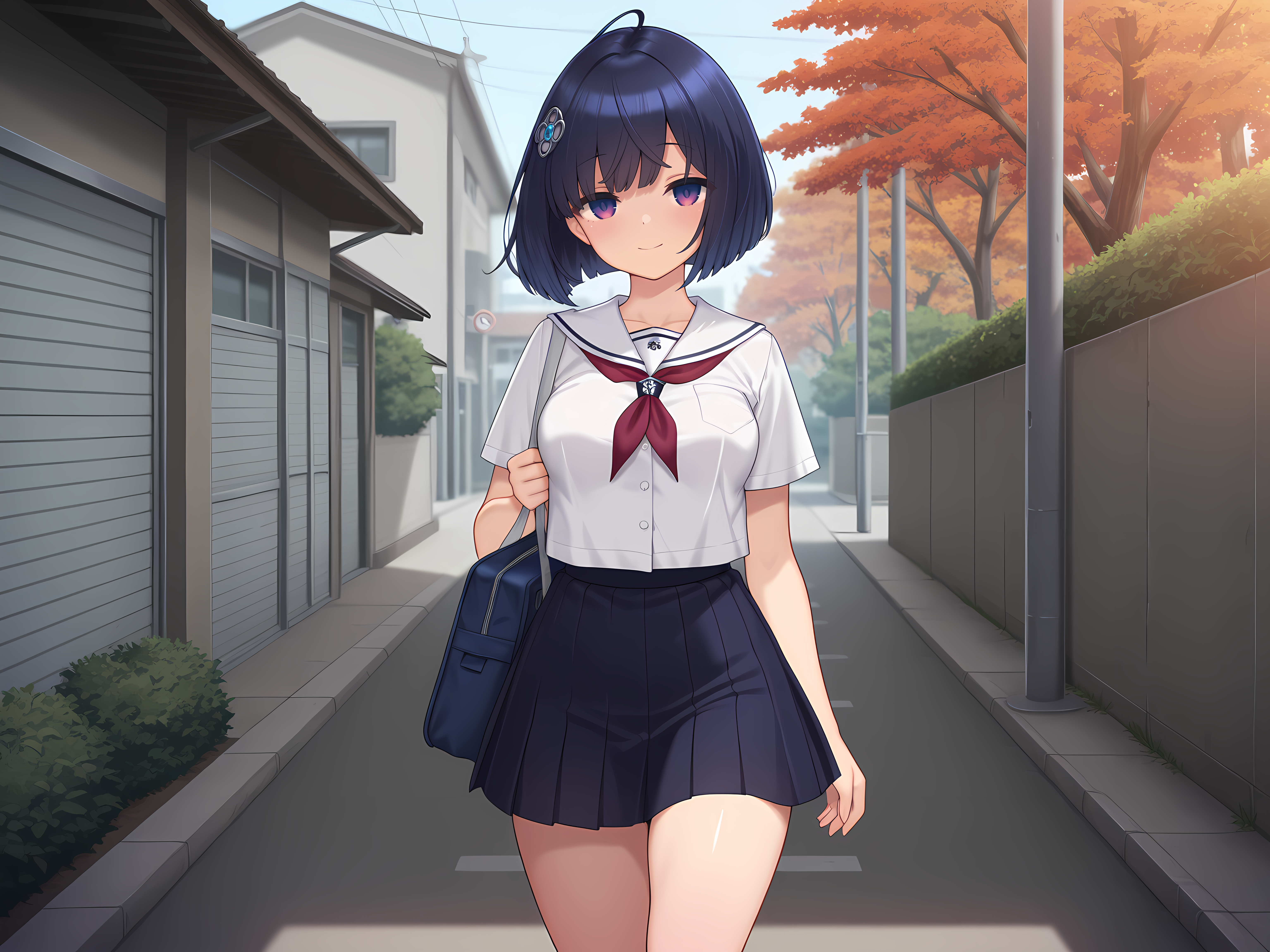 <lora:1:0.7>,1girl,shizuha,school outfit,outdoors,medium breasts,looking at viewer,cowboy shot,walking,bag,smile,, masterpiece,best quality,amazing quality,