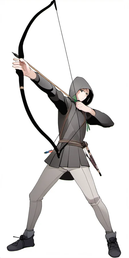 Bow, recurve bow, solo, short hair, simple background, black hair, long sleeves, 1boy, white background, holding, full body, weapon, male focus, shoes, pants, hood, holding weapon, hoodie, black pants, white footwear, sneakers, bow \(weapon\), arrow \(projectile\), holding bow \(weapon\), aiming, holding arrow, drawing bow in the style of <lora:bow01_xl:1>