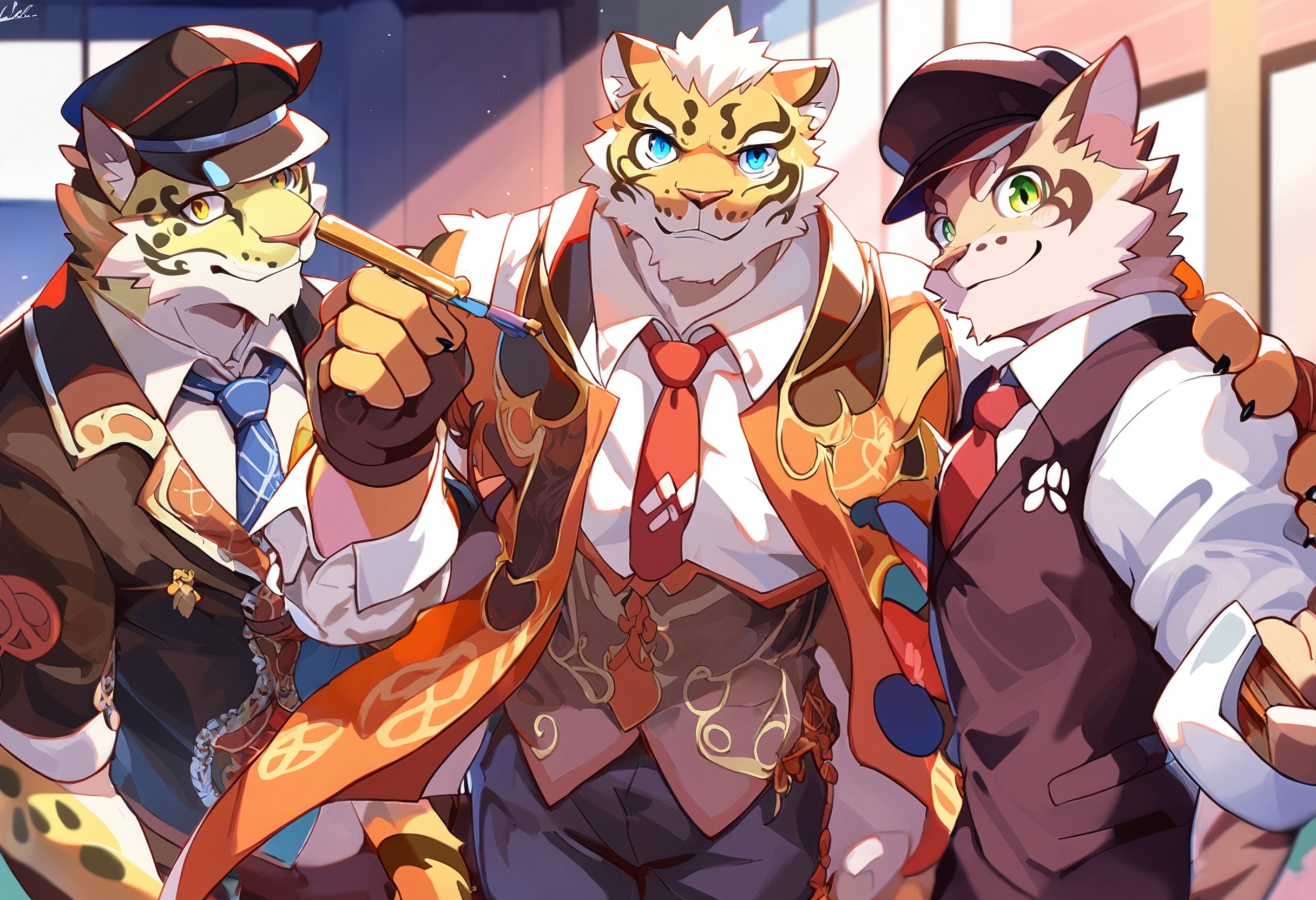 score_9,score_8_up,score_7_up, <lora:Nekojishi_PonyXL_rev2-000050:1>likulau+lin hu+shu-chi+tian-liao lin,nekojishi+studio klondike,|||,anthro ,blue eyes ,brown body ,brown fur ,brown hair ,clothed ,clothing ,countershading ,fully clothed ,fur ,gloves ,green eyes ,group ,hair ,handwear ,hat ,headgear ,headwear ,looking at viewer ,male ,necktie ,orange body ,orange fur ,pipe ,smile ,standing ,suit ,yellow body ,yellow eyes ,yellow fur,2018+hi res,,cheetah+clouded leopard+felid+feline+felis+human+leopard cat+mammal+pantherine+prionailurus+tiger