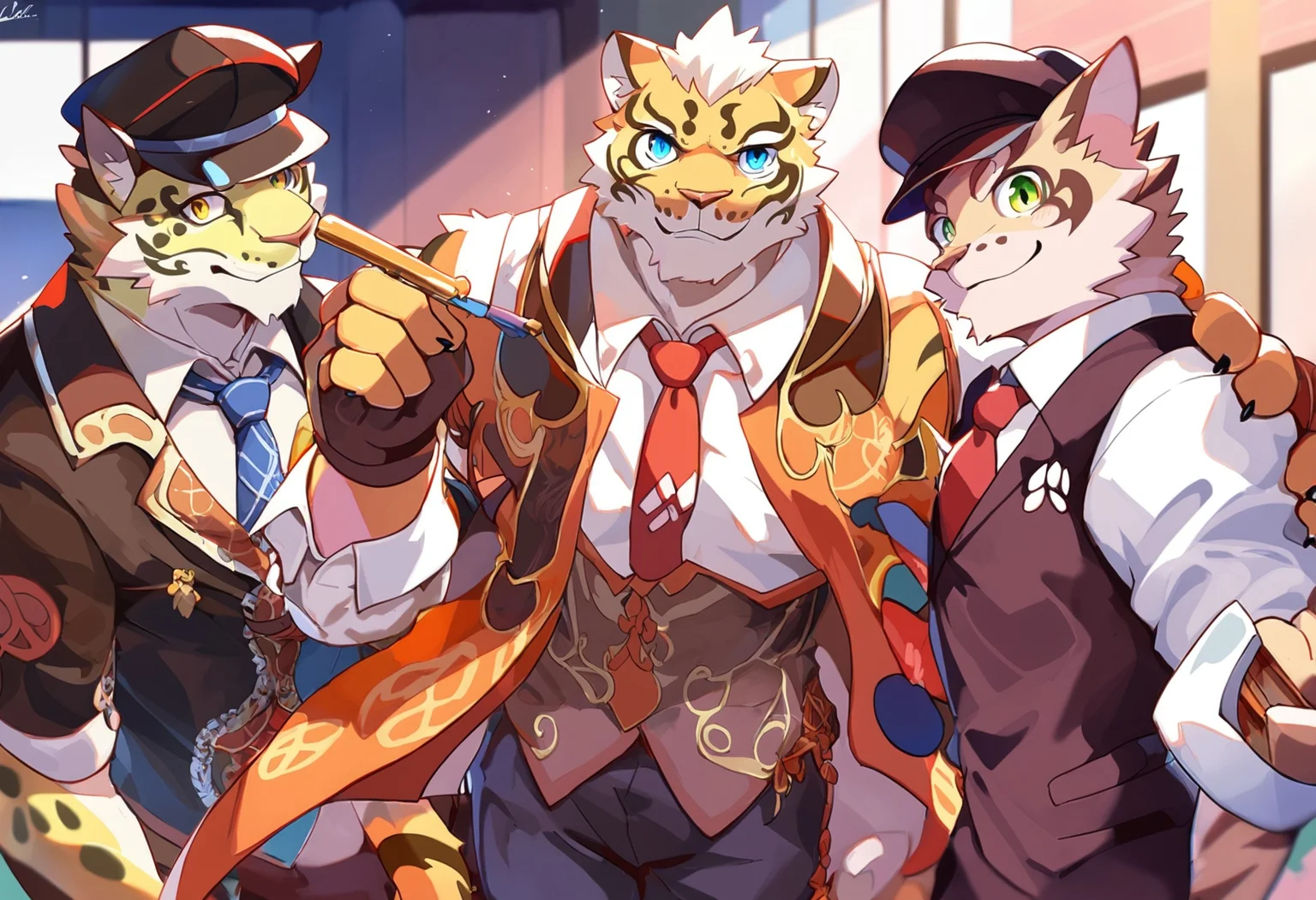 score_9,score_8_up,score_7_up, <lora:Nekojishi_PonyXL_rev2-000050:1>likulau+lin hu+shu-chi+tian-liao lin,nekojishi+studio klondike,|||,anthro ,blue eyes ,brown body ,brown fur ,brown hair ,clothed ,clothing ,countershading ,fully clothed ,fur ,gloves ,green eyes ,group ,hair ,handwear ,hat ,headgear ,headwear ,looking at viewer ,male ,necktie ,orange body ,orange fur ,pipe ,smile ,standing ,suit ,yellow body ,yellow eyes ,yellow fur,2018+hi res,,cheetah+clouded leopard+felid+feline+felis+human+leopard cat+mammal+pantherine+prionailurus+tiger
