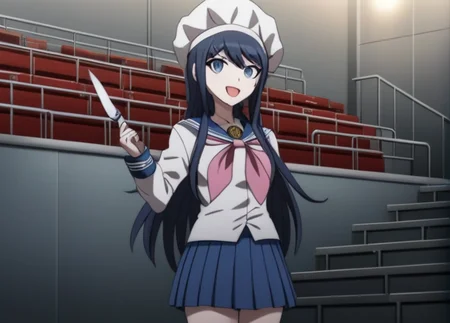 <lora:Sayaka_Maizono_SDXL:1>,solo, This anime screencap is from Danganronpa the Animation. Sayaka Maizono wearing her uniform from Danganronpa 1, and she is standing in the middle of the frame. Sayaka has a blue skirt and her legwear consists of navy thigh-high socks, the edges striped with a white line, and dark brown Mary Janes with silver buckles. Her school crest is printed in gold on her collar flap and her left sleeve.She is looking to the right side of the frame. She's holding a plate of spaghetti and meatballs that has a knife sticking up in the middle and has a big white chef's hat on, a toque blanche. Her expression is gleeful and she seems proud of her meal. She's standing in an auditorium that has metal bleachers. The walls are gray and the bleachers are a dark blue. The image is a screencap from the anime Danganronpa: The Animation. The lighting is bright with the sun shining down from a window. Sayaka's full body is in the frame.