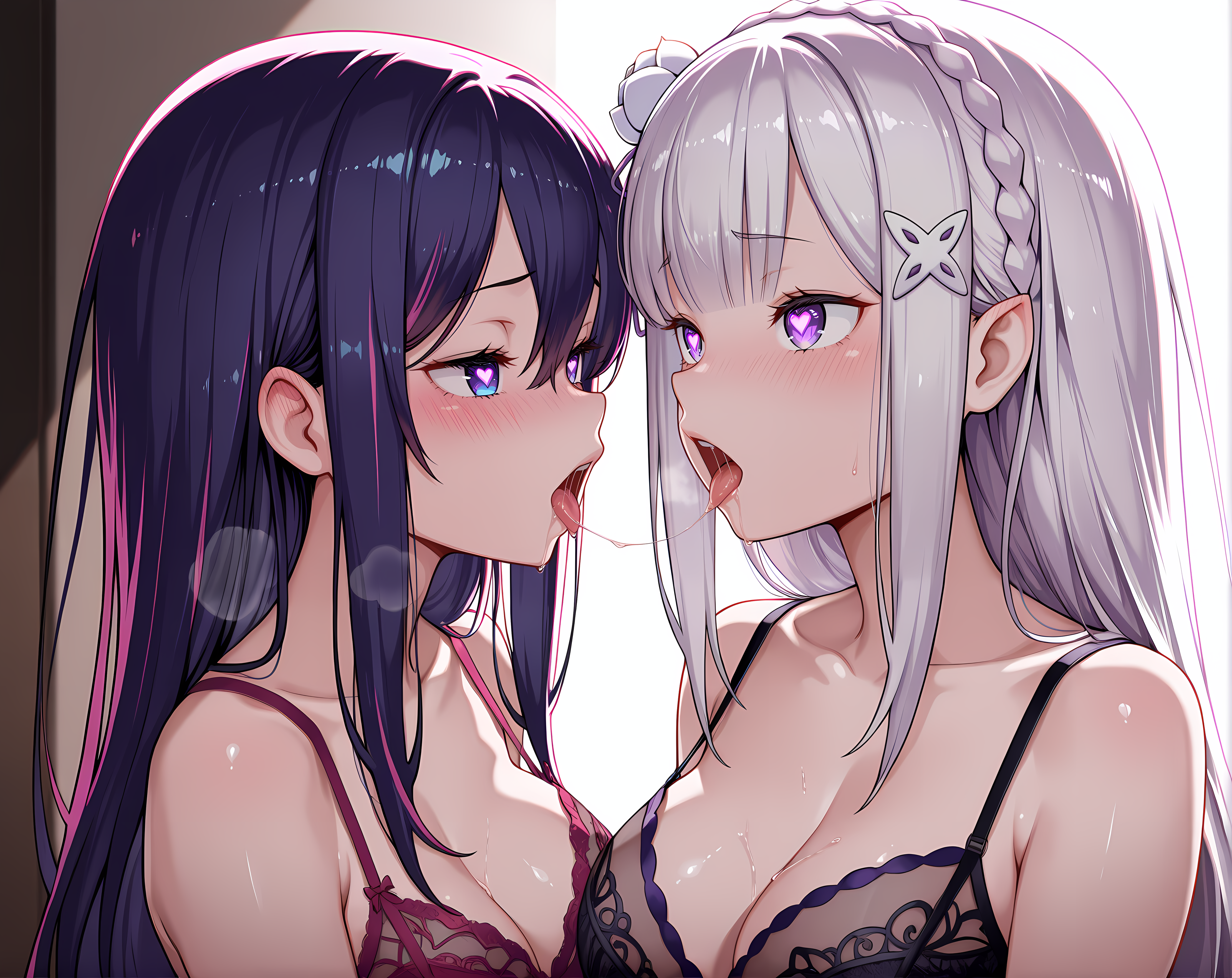<lora:French_Kiss:0.7>,frks,after kiss,saliva,saliva trail,emilia \(re:zero\),hoshino ai,upper body,breasts,lingerie,heart-shaped pupils,blush,heavy breathing,, masterpiece,best quality,amazing quality, very aesthetic, absurdres,detailed eyes,ultra-detailed,